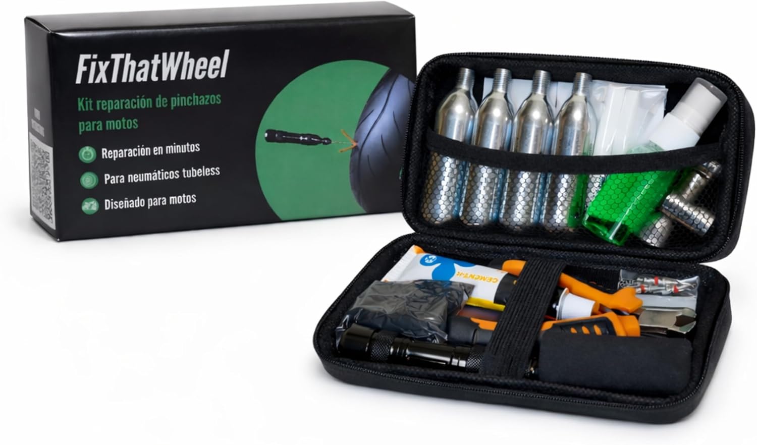 Kit reparación pinchazos moto tubeless - 34 piezas + CO₂